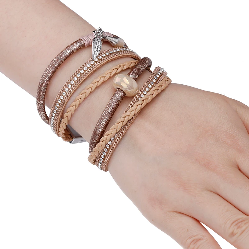 ALLYES плетеный кожаный браслет для женщин Femme натуральный жемчуг Cystal керамический Шарм Многослойные браслеты и браслеты женские ювелирные изделия
