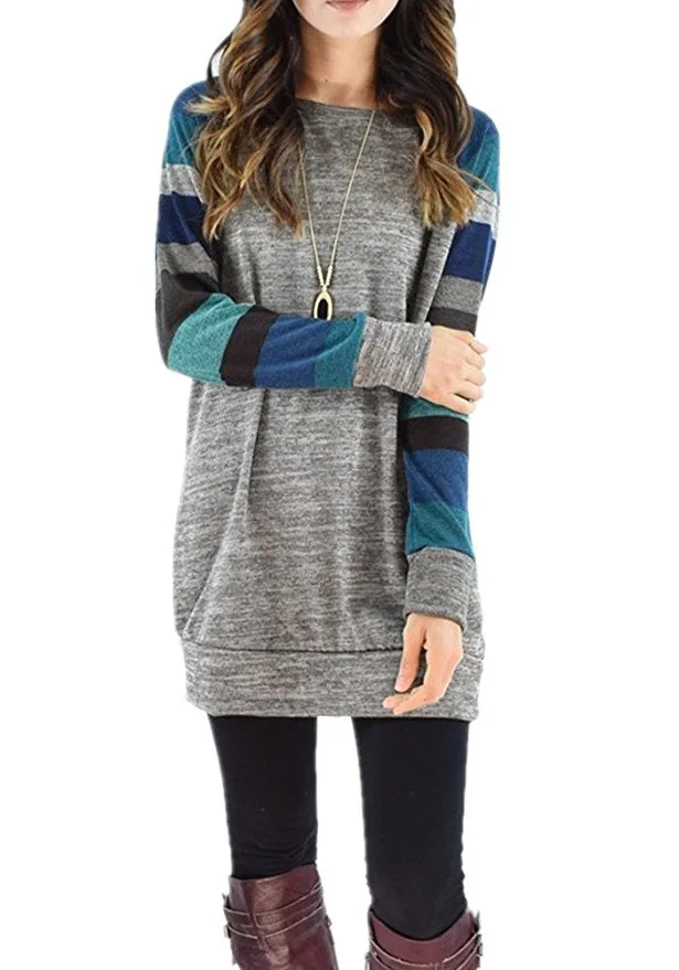 

High Quality 2017 Autumn Winter Shirt Women Long Sleeve O Neck Striped Patchwrork T-Shirt Casual Loose Soft Warm Female Tee Tops