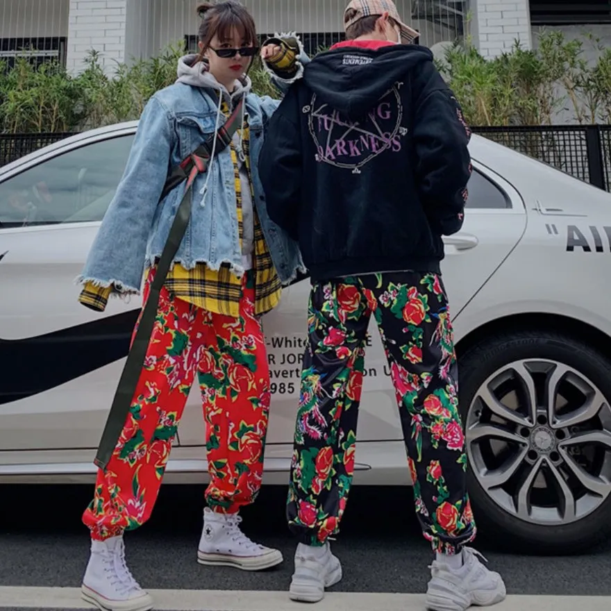 

Chinese Style peony Print Floral Pants women Harajuku Hiphop celebrity pants hot new trend same show style trousers unisex