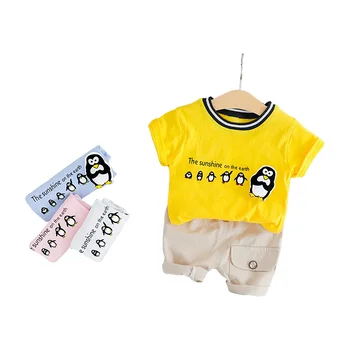 

Boys summer new fashion short-sleeved suit Korean baby clothes cartoon penguin print shirt + shorts two-piece children's suit