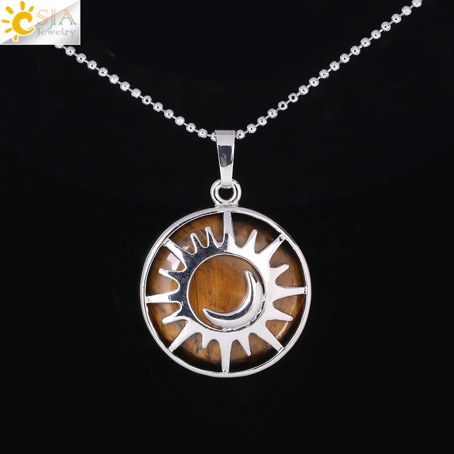 CSJA Moon Sun ожерелье s подвеска плоская бусина, натуральный камень, кристалл кварца серебряного цвета ожерелье рейки амулет для женщин и мужчин ювелирные изделия F335 - Окраска металла: Tiger Eye