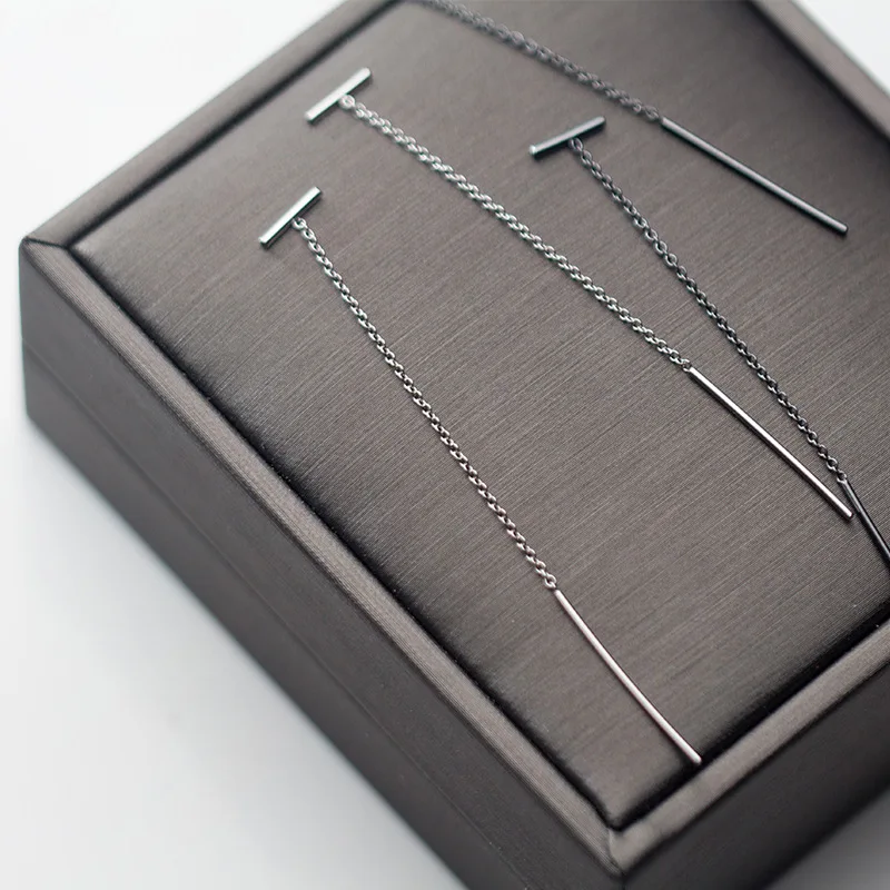 

minimalist THIN 1pair Real. 925 Sterling Silver Fine jewelry White/BLACK Bar tassel dangle earrings long Women's GTLE2759