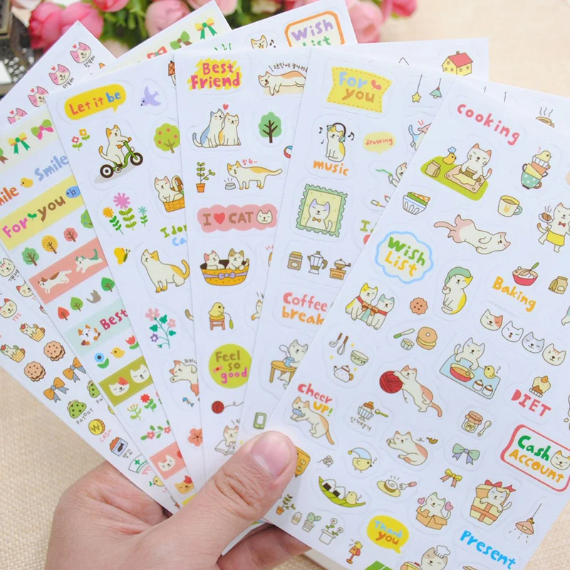 

6 pcs/lot Kawaii Diary Scrapbooking Cat Stickers Bullet Journal Cute Decorative Handmade Sticker Paper Korean Stationery