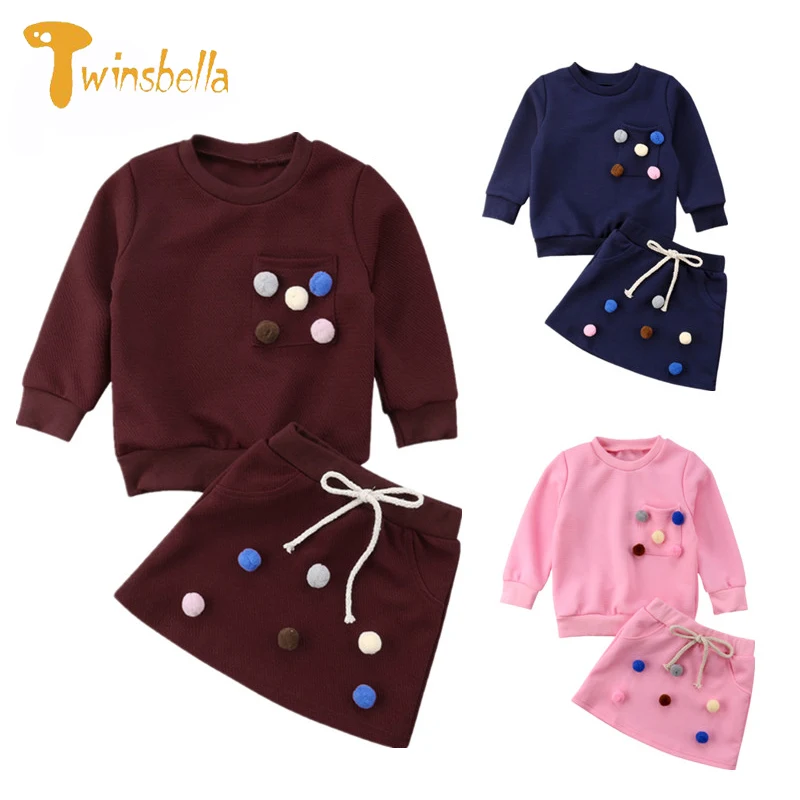 Little Girls Bobble Clothes Sets 2pcs/set Hoodies + Skirt Set Suits Toddler Children Casual Clothing Blue Pink 2 3 4 5 6 Years