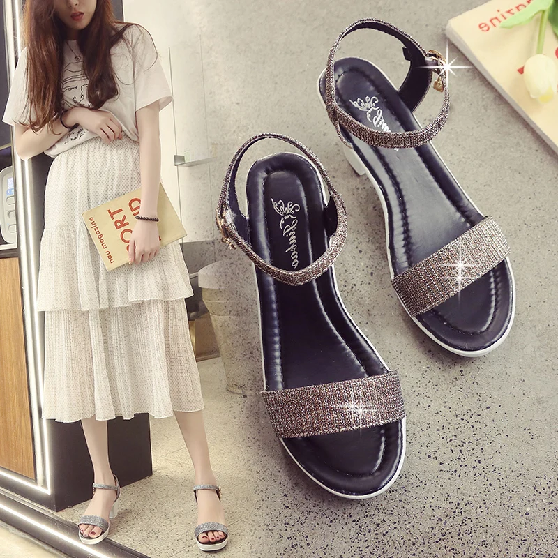 

2019 New Fashion Women Rhineston Sandals Summer Handmade Sandals High Heels Women sandalia feminina Thick Heels Buckle Shoes