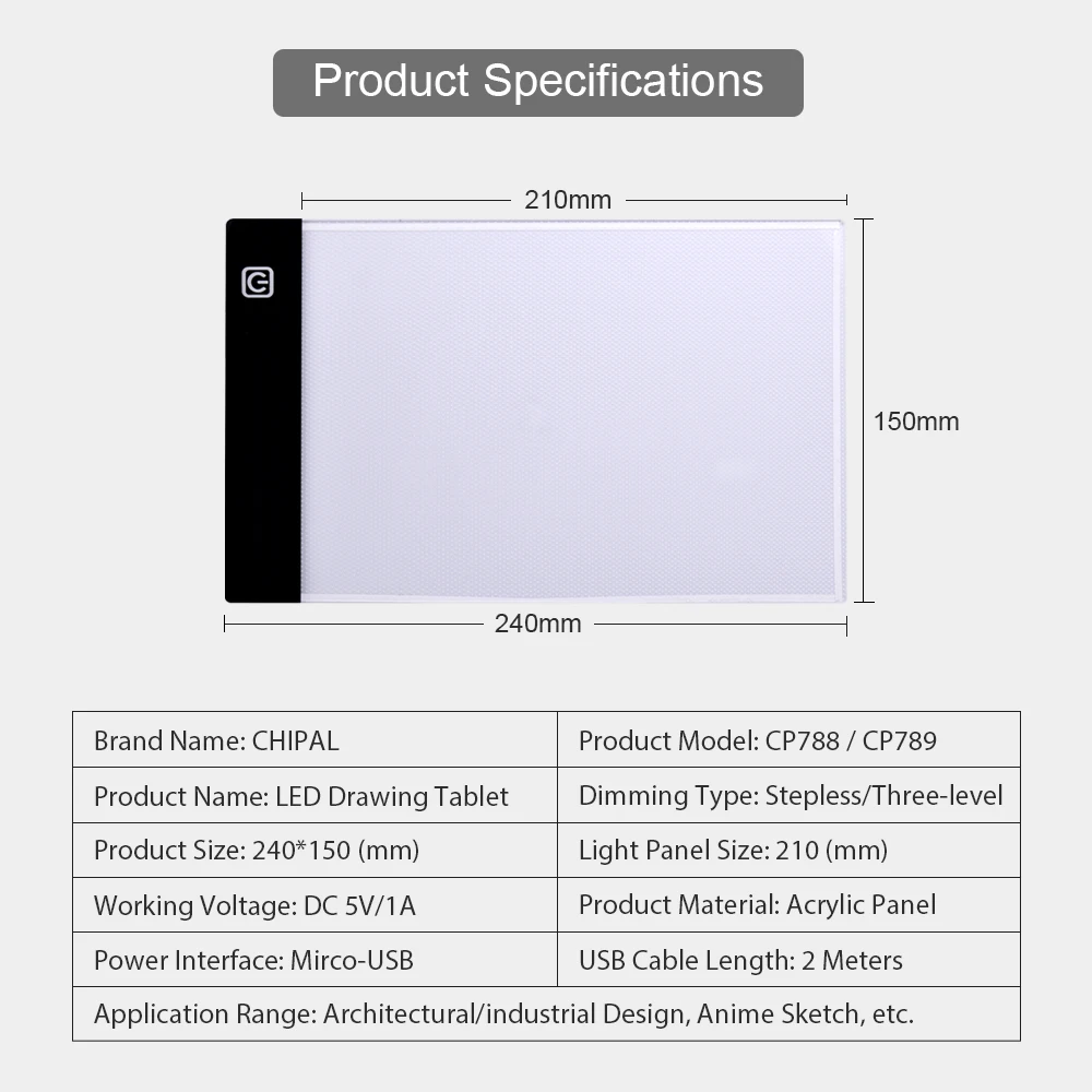 CHIPAL A5 цифровой чертежный планшет светодиодный светильник коробка Трассировка копировальная доска Живопись Написание графические планшеты Плавная трехуровневая затемнение