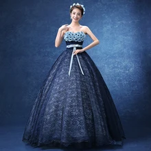 Настоящее темно-синее кружевное бальное платье с цветами, платье средневековое принцессы, платье Ренессанса, платье королевы Виктории/бальное платье Belle