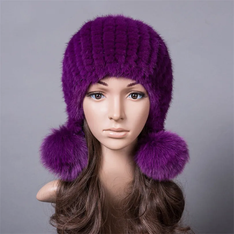 Purple Шапка из натурального меха норки с помпонами из лисьего меха, зимняя Осенняя шапка, защищающая уши, вязаные шапки из натурального меха хорошего качества, шапка-бомбер - Цвет: Purple