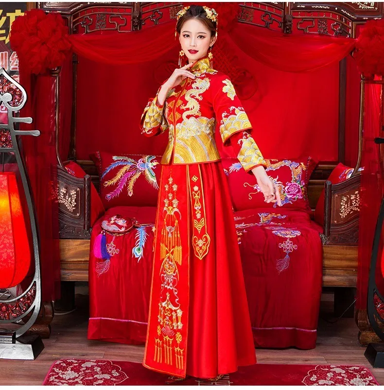 Мода красный Cheongsam долго Qipao свадебное платье китайские традиционные платья Китай Костюмы магазине невесты традиции