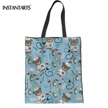 INSTANTARTS с забавным мультипликационным принтом медсестры медведь печати Для женщин льняной мешок для покупок женские уход дизайн переработки сумки многофункциональная сумка Eco