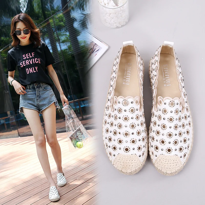 

Shoes Woman Crystal Slip-On Solid Fishermen Flats Loafers 2019 Summer Women Hemp Rope Weaving Moccasin Cut Out Casual Flats 41