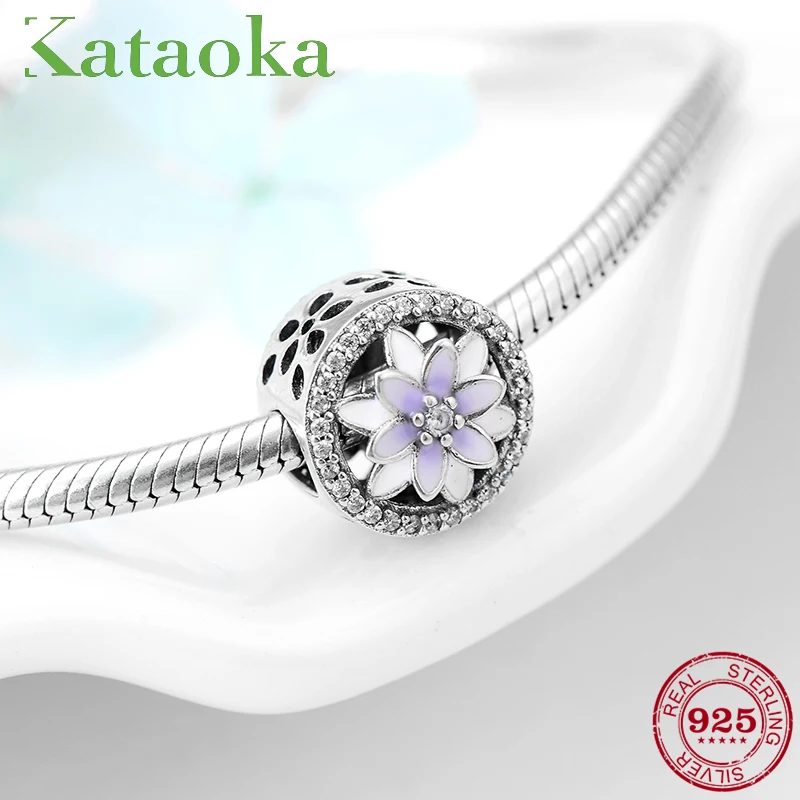 

2018 Spring purple white Flowers woman 925 Sterling Silver Beads Fit charms Pandora Bracelets Bangle DIY Jewelry making