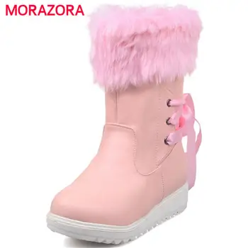 

MORAZORA 2018 new comfortable plush flat boots lace up round toe platform boots autumn winter high quality pu leather boots