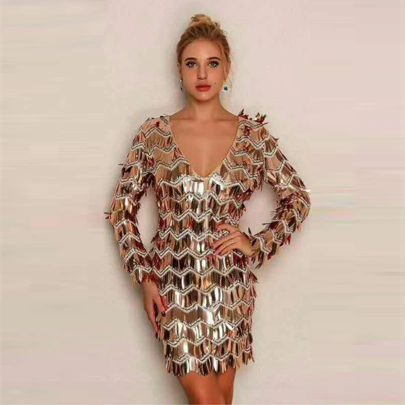 

New Style Long Sleeve Gold Sequin Shining Wedding Party Dress Vestidos Fashion Deep V Neck Bodycon Sexy Mini Dress Wholesale