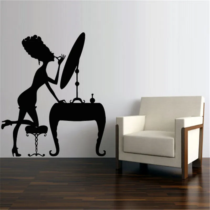 Make Up Girl Wall Decal Mirror Chair Sexy Woman Vinyl Wall Stickers Removable Beauty Salon Cosmetic Graphics Home Decor