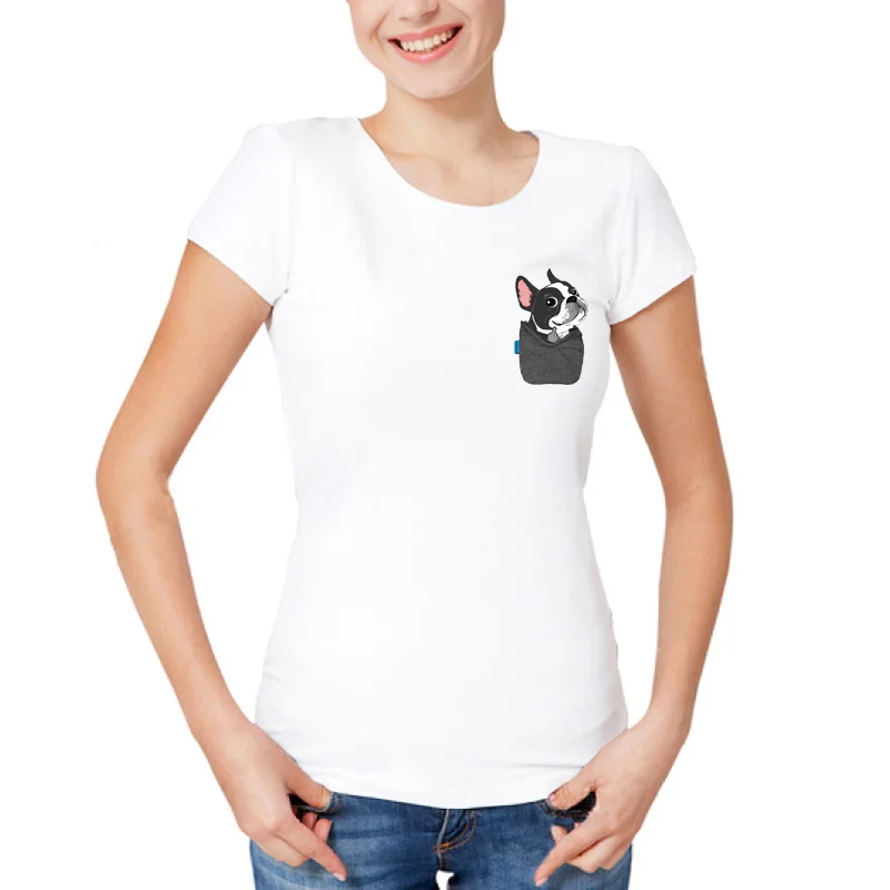 

2019 Funny Middle Finger Boston Terrier French bulldog dog in Pocket T Shirt Women Summer O-Neck Casual Tops girls Short Sleeve