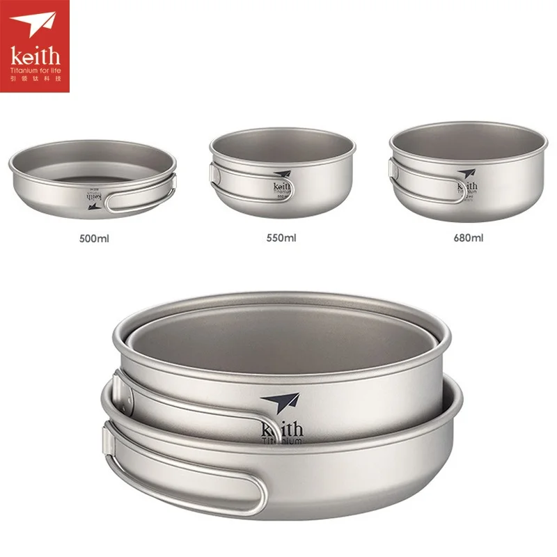 Keith 3 unids de titanio fría-pan camping pot set dos cuencos con pan al aire libre plegable manija Utensilios de cocina ti6053