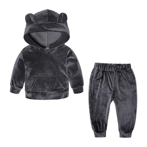 Dark Grey 2 шт./партия, осенняя модная одежда для маленьких мальчиков и девочек мягкий теплый вельветовый свитер с капюшоном и ушками медведя, штаны, спортивный костюм, бейсбол - Цвет: Dark Grey
