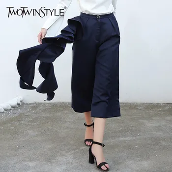 

TWOTWINSTYLE Ruffles Wide Leg Pants Female Patchwork High Waist Oversize Calf Length Trousers Spring Fashion OL Women Clothing