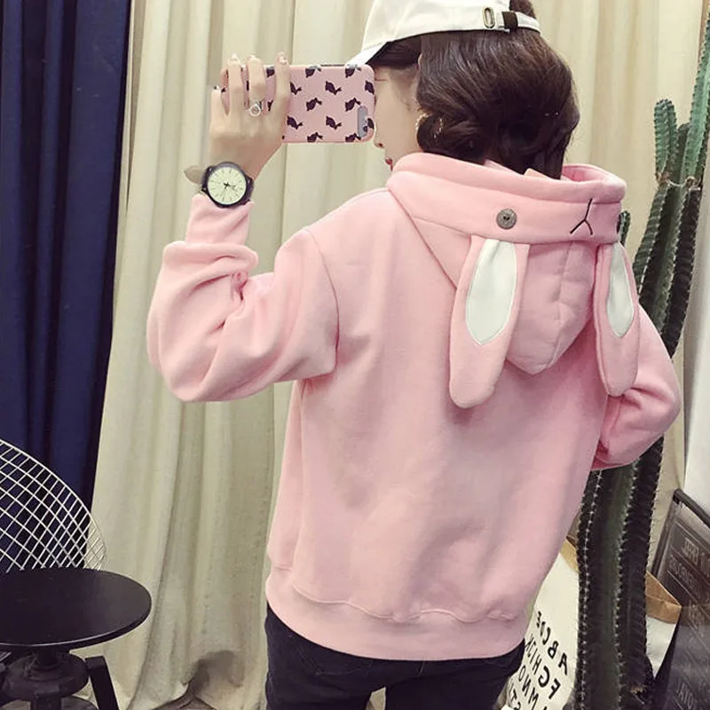 

dropshipping Women Autumn Hoodies Rabbit Ears Pockets Long Sleeves Pullover Hooded Loose Tops