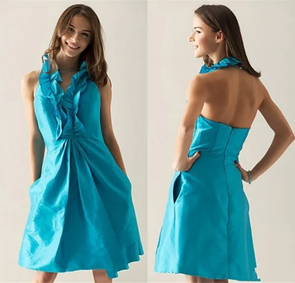 2015 New Design Couture Halter Ruffles And Pocket Bridesmaid Dress