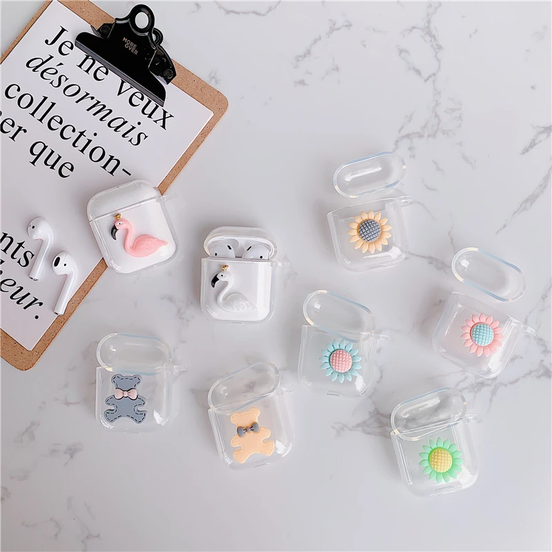 3D Flamingo Bear Sunflower Clear Airpods Case Soft TPU Cute Headphone Case Cover for Apple Airpods 1 2 Shockproof Protect Funda