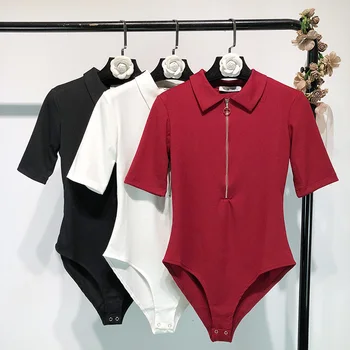 

Korean Unicorn 2019 Summer New European And American Lapel Zipper Pull Head Tight Stretch Jumpsuit Bottoming T-shirt Women Tide
