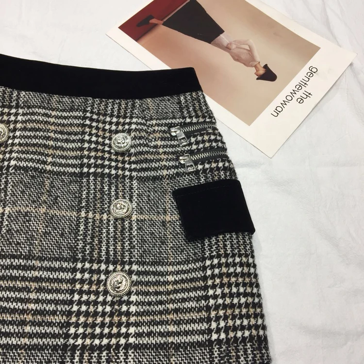 LXMSTH твидовая шерстяная Женская юбка зимняя винтажная клетчатая двубортная юбка размера плюс клетчатая бархатная короткая юбка в стиле пэчворк