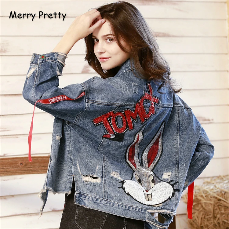 

Merry Pretty Women Sequined Appliques Denim Jackets 2019 New Long Sleeve Turndown Collar Pockets Jeans Coats Streewear Outerwear