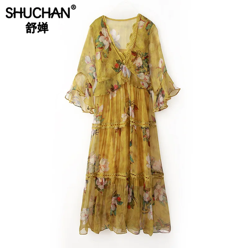 

Shuchan Yellow Print Flower Summer Dress with 3/4 Butterfly Sleeve Natural Silk Mid Long Dresses Deep V Neck Vestidos R10833