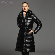 Coyaca Женский Зимняя Куртка Женщин 90% Белая Утка Вниз Куртка известный Бренд Теплый Толстый Капюшоном С Длинным Пиджаки Пуховик Дамы пальто