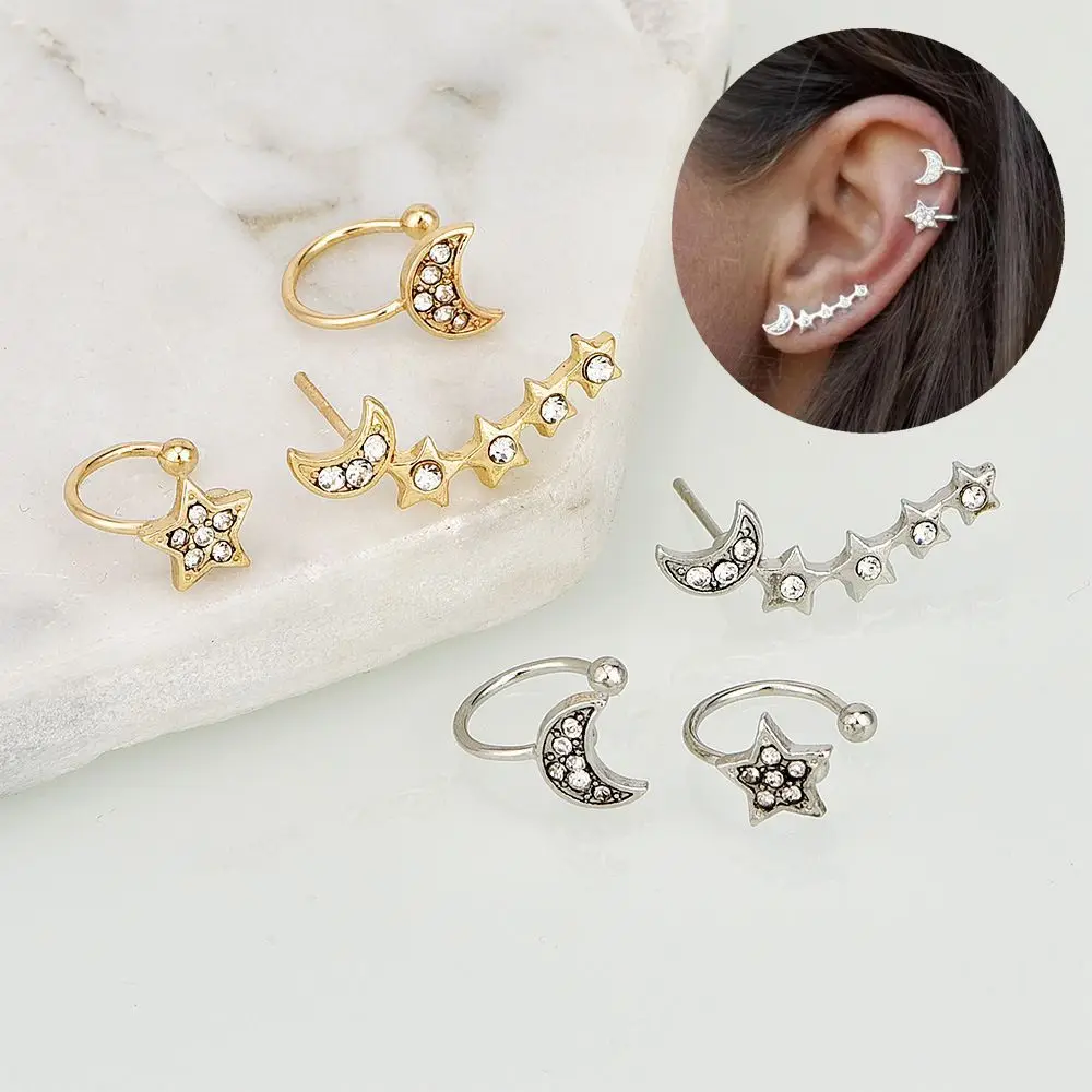 

3pcs Set Earrings Ear Stud Star Moon Shape Rhinestone Gifts Jewelry For Women Lady Girl CX17