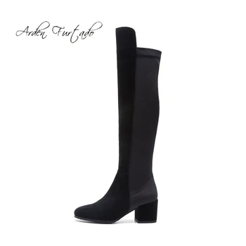

Arden Furtado 2018 spring autumn fashion knee high boots ladies square heels 6cm slip on Stretch boots big size 43 women's shoes