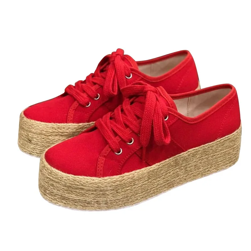 Laamei Women Espadrille Shoes Canvas Thick Bottom Flats Shoes Girls Lace Up Round Toe Casual Flats Plus Size Drop Shipping - Color: color 3