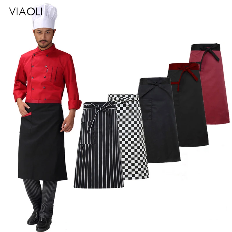 Wholesale price Kitchen Cooking Apron Striped Plaid Half-Length Short Waist Apron with Pocket Catering Chef Waiter Bar apron 2 pcs 3 pockets short waist apron waitress chef half apron restaurant tea shop cafe cooking apron bbq bar kitchen accessory