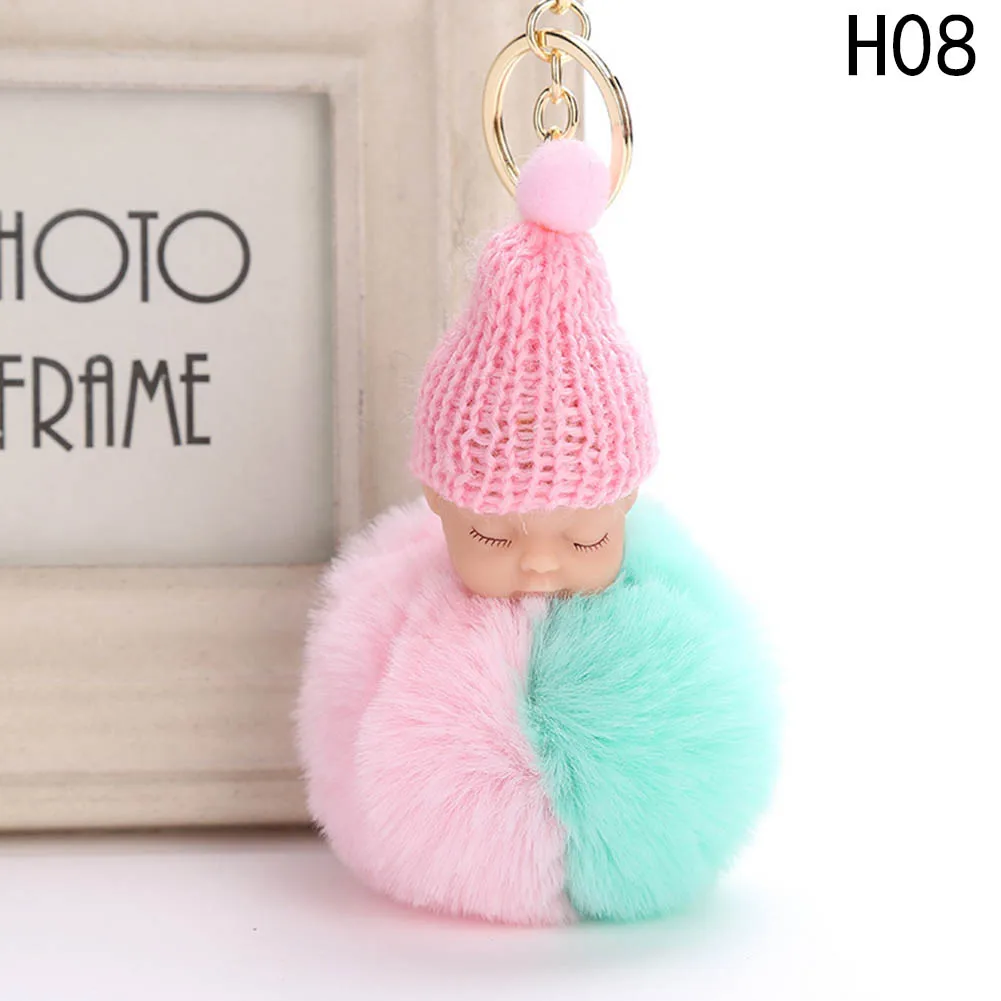 Cute Sleeping Baby Doll Keychain Double Color Pompom Faux Fur Ball Key
