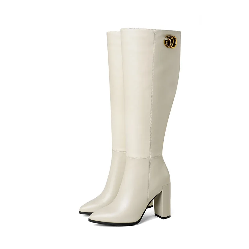 EGONERY/Женская обувь; новые модные зимние пикантные высокие сапоги из натуральной кожи ручной работы с острым носком; обувь на очень высоком каблуке на молнии - Цвет: beige