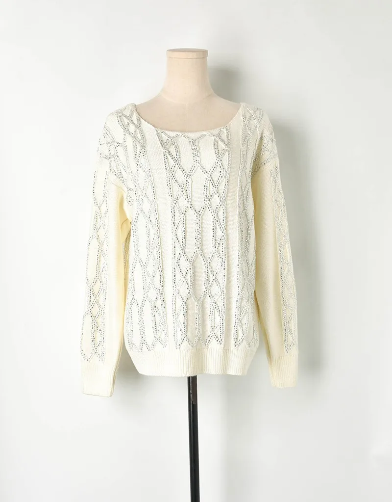 Brand Designer White Color Knitted Fashion Women Sweater Women Clothes Lady Girl Pullover Crystal Embellished Streetwear