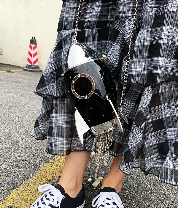 Fashion Rocket Shape Black Acrylic Pearl Tassel Diamond Women Party Clutch Bag Shoulder Bag Crossbo