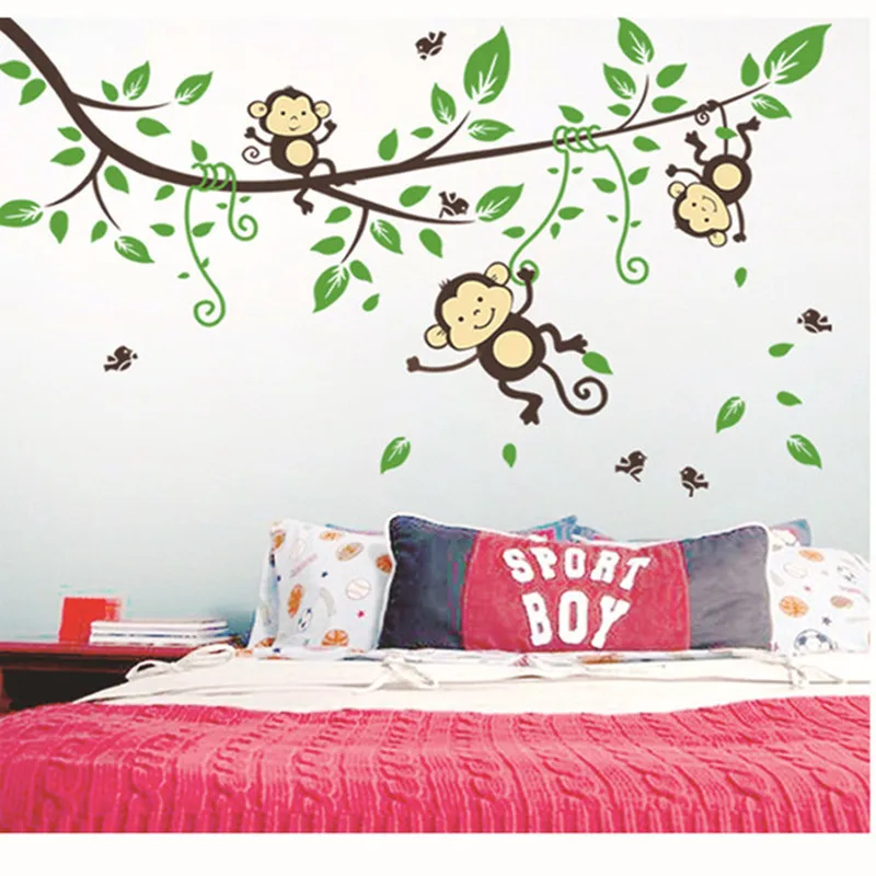 Cute Monkeys Tree Wall Stickers Decals Children Animals Wallpaper Mural