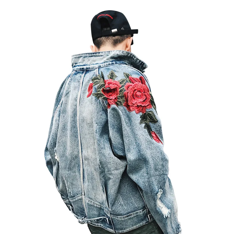 Новая весенняя мужская одежда джинсовая куртка с 3D вышитыми розами винтажное потертое пальто с отверстиями верхняя одежда в стиле хип-хоп