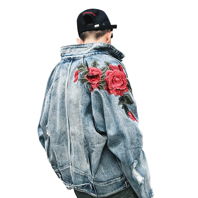 

Spring New Men's Clothing Denim Jacket 3D Rose Flower Embroidery Vintage Frayed Hole Coats High Street Hip Hop Outerwear