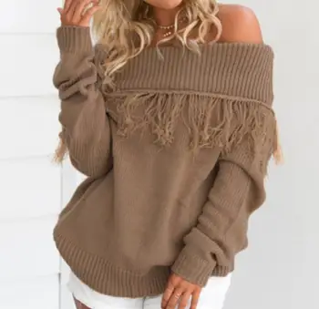 

Tassels Sweaters Women Long Sleeve Off Shoulder Knitted Sweater Pullover Jumper Top Knitwear Thick Tops