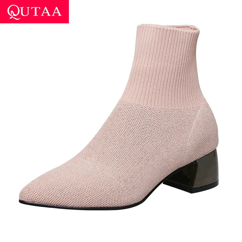 

QUTAA 2020 Stretch Fabrics Women Socks Boots Fashion Pointed Toe Square Middle Heel Slip on All Match Ankle Boots Size 34-39