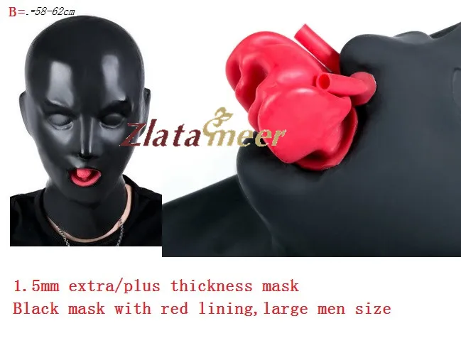 3D Latex Human Mask Fetish Black Rubber Hood  Closed Eyes with Red Mouth Sheath Tongue Nose Tube