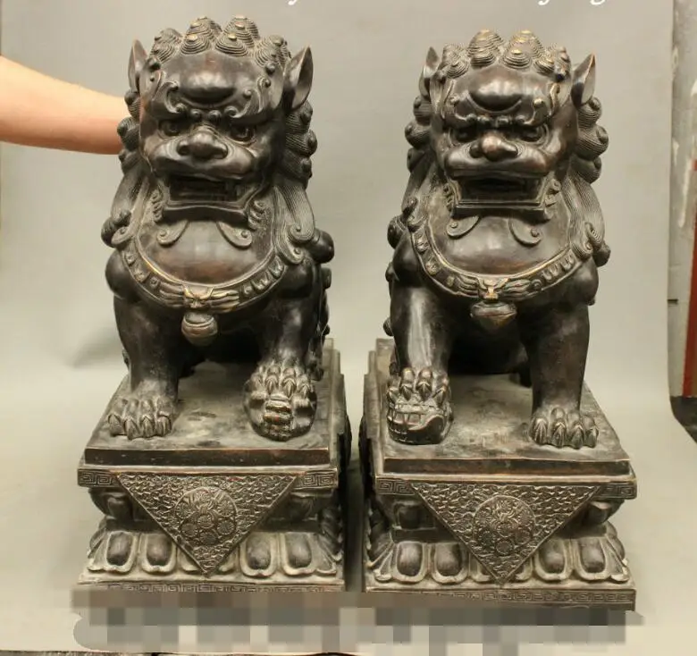 

song voge gem S6779 22" Chinese Fengshui Bronze Foo Fu Dog Guardion Door Lion Leo Animal Statue Pair