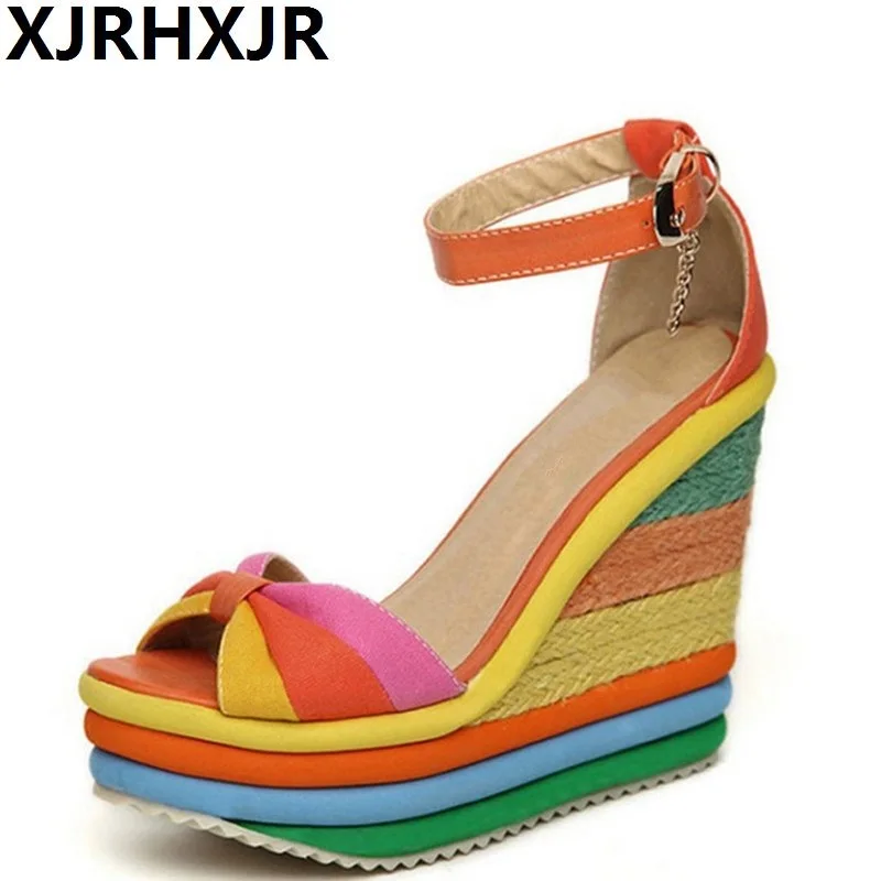 

XJRHXJR Platform Sandal 2019 Summer Ladies Shoes Bohemia Rainbow Thick Sole Sponge High Heel Wedge Open Toe Women Sandals 32-40