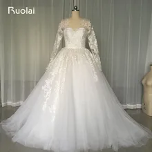 Real Custom Made Scoop Long Sleeves Appliques Crystal Ball Gown Sexy Wedding Dresses Dubai Arabic Bridal Gown for Wedding FW69