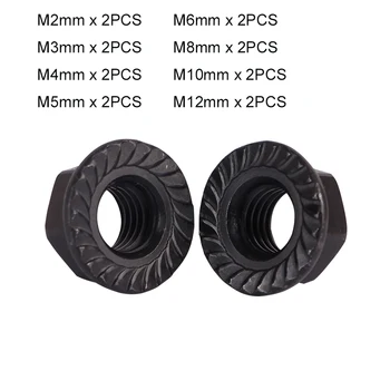 

16Pcs M2 M3 M4 M5 M6 M8 M10 M12 Black Zinc Hex Flange Nuts / Flower Nut / Anti-skid Anti-loose Set/Kit