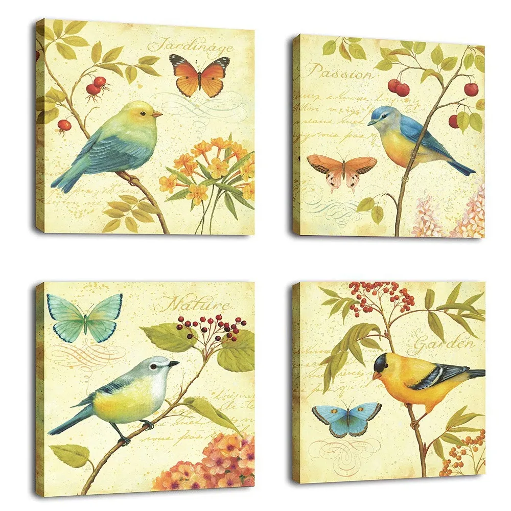 

Natural art - Bird and flower Painting 4 pcs Wall Art Lanscape Painting Print on Canvas Wall Decoration Wrapped
